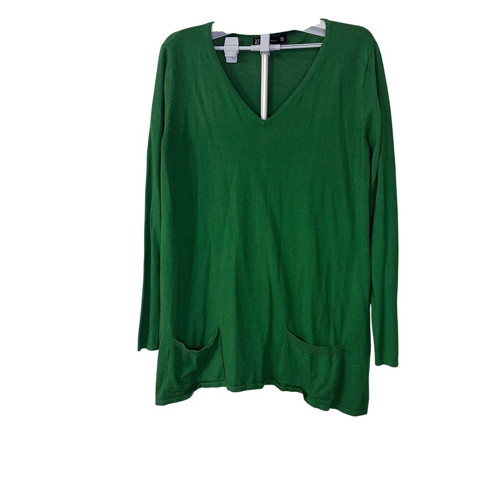 New York & Company Green V-Neck Tunic Sweater XXL Long Sleeve Pocket Knit Top